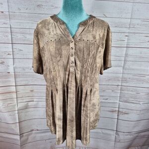 Shannon Ford Womens Top Sz 1X Champagne Brown Studded Embroidered Forest Fairy